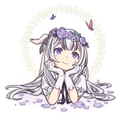  1girl barefoot black_hair bug butterfly closed_mouth dress fire_emblem fire_emblem_engage flower gloves grey_hair haconeri hair_flower hair_ornament long_hair looking_up multicolored_hair short_sleeves smile two-tone_hair very_long_hair veyle_(fire_emblem) violet_eyes white_dress white_gloves 
