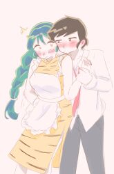  1boy 1girl aged_up animal_print apron black_pants blush braid brown_hair collarbone cone_horns couple dress frilled_apron frills green_hair highres holding_hands horns long_hair looking_at_another lum moroboshi_ataru necktie pants print_dress red_necktie ri_0068 shirt short_hair simple_background squinting standing surprised tiger_print urusei_yatsura white_apron white_background white_shirt yellow_dress yellow_eyes 