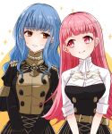  2girls alternate_hairstyle belt blue_hair brown_eyes closed_mouth epaulettes fire_emblem fire_emblem:_three_houses garreg_mach_monastery_uniform hilda_valentine_goneril long_hair long_sleeves marianne_von_edmund multiple_girls pink_eyes pink_hair short_sleeves smile twitter_username uniform upper_body yutohiroya 