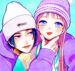  1boy 1girl :p arm_around_shoulder beanie blue_background blue_eyes blush closed_mouth commentary copyright_name facing_viewer fingernails futarijime_romantic hand_on_another&#039;s_face hand_up hat head_on_another&#039;s_shoulder hood hoodie jacket kanisawa_chihiro kumamori_kokomi long_hair long_sleeves looking_at_another looking_at_viewer purple_hat purple_hoodie short_hair simple_background tajima_kyouhei tongue tongue_out two-tone_hat upper_body violet_eyes 