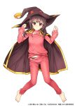  1girl barefoot black_headwear black_panties breasts brown_hair cloak crossover edamame_senpai eyebrows_visible_through_hair full_body hat highres kono_subarashii_sekai_ni_shukufuku_wo! long_sleeves looking_at_viewer medium_hair megumin official_art pajamas panties pants panty_peek red_eyes simple_background small_breasts solo underwear vivid_army watermark white_background witch_hat 