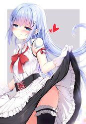  1girl :q apron bangs bare_shoulders black_legwear black_skirt blue_eyes blue_hair blush bow closed_mouth collared_shirt commentary_request cross-laced_clothes eyebrows_visible_through_hair frilled_apron frills gloves gochuumon_wa_usagi_desu_ka? grey_background hair_between_eyes hair_ornament half-closed_eyes heart highres kafuu_chino kouda_suzu lifted_by_self long_hair looking_at_viewer red_bow red_ribbon ribbon shirt single_thighhigh skirt skirt_lift sleeveless sleeveless_shirt smile solo thigh-highs tongue tongue_out two-tone_background very_long_hair waist_apron white_apron white_background white_gloves white_shirt x_hair_ornament 