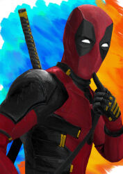  absurdres an-empty-threat bodysuit deadpool deadpool_(series) highres katana looking_at_viewer marvel red_bodysuit red_mask smile superhero_costume sword two-tone_bodysuit weapon weapon_on_back western_comics_(style) x-men 