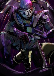  1boy advent_deck armor belt black_gloves blood blood_on_armor blood_on_face bodysuit cobra_(animal) contract_monster gloves helmet highres holding kamen_rider kamen_rider_ouja kamen_rider_ryuki_(series) kneeling male_focus mask plugsuit purple_armor sahimi777 solo solo_focus spread_legs sword tokusatsu v_buckle venosaber venosnaker weapon 