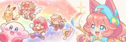  1girl 3boys :3 bad_source beret blue_eyes blue_hat chibi chibi_only crossover flower hat hat_flower holding holding_paintbrush inkling kid_icarus kid_icarus_uprising kirby kirby_(series) link looking_ahead mario multiple_boys multiple_crossover open_mouth paintbrush pikachu pink_hair pit_(kid_icarus) pokemon_(creature) rainbow sparkle splatoon_(series) super_mario_bros. super_smash_bros. suruga_kanade the_legend_of_zelda the_legend_of_zelda:_breath_of_the_wild twitter_banner 