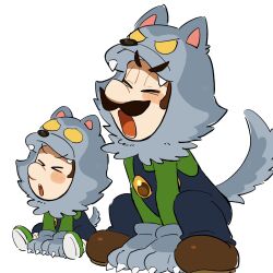  2boys baby_luigi blue_overalls brown_hair facial_hair gloves green_shirt hat highres luigi male_focus mimimi_(mimimim9999) multiple_boys mustache overalls shirt short_hair super_mario_bros. tail wolf_mask wolf_paws wolf_tail 