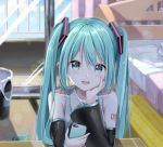  1girl aqua_eyes aqua_hair aqua_nails aqua_neckwear arm_support balcony bare_shoulders bed bedroom black_sleeves blanket cellphone chin_rest collarbone day detached_sleeves grey_shirt hair_ornament hand_on_own_cheek hatsune_miku holding holding_phone indoors light_blush long_hair looking_at_viewer nail_polish necktie open_mouth phone shirt shoulder_tattoo sleeveless sleeveless_shirt smartphone smile solo table tattoo trash_can tsukiringo twintails very_long_hair vocaloid window 