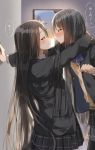  2girls :o arm_around_neck bangs black_hair black_jacket black_skirt blazer blue_bow blurry blurry_background blush bow brown_sweater closed_eyes clouds cloudy_sky collared_shirt commentary_request depth_of_field dress_shirt eyebrows_visible_through_hair highres imminent_kiss indoors jacket long_hair long_sleeves multiple_girls open_blazer open_clothes open_jacket original parted_lips pentagon_(railgun_ky1206) pleated_skirt profile school_uniform shirt skirt sky sun sunset sweater translated very_long_hair wall_slam white_shirt window yuri 