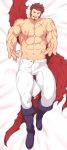  1boy abs bara beard blue_eyes boots brown_hair cape chest dakimakura facial_hair fate/grand_order fate_(series) looking_at_viewer male_focus mazjojo muscle napoleon_bonaparte_(fate/grand_order) open_clothes open_pants pants pectorals scar simple_background smile solo thighs topless 
