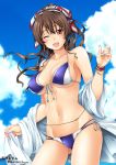  1girl artist_name ashigara_(kantai_collection) bangs bikini blue_sky bracelet breasts brown_eyes brown_hair clouds collarbone cowboy_shot day fang front-tie_bikini front-tie_top hairband high_ponytail highres ishihara_masumi jewelry kantai_collection large_breasts long_hair looking_at_viewer nail_polish navel one_eye_closed open_mouth ponytail purple_bikini remodel_(kantai_collection) side-tie_bikini sky smile solo swimsuit twitter_username wavy_hair 