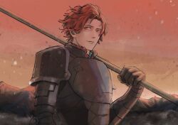  1boy arm_up armor breastplate closed_mouth commentary fire_emblem fire_emblem:_three_houses fur-trimmed_armor fur_trim gauntlets ginger_8888 highres holding holding_polearm holding_weapon looking_at_viewer male_focus mountain mountainous_horizon orange_hair parted_hair pauldrons polearm red_fur red_sky shoulder_armor sky solo sylvain_jose_gautier upper_body wavy_hair weapon 