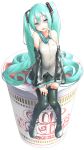  1girl aqua_hair aqua_nails aqua_neckwear bare_shoulders black_legwear black_skirt black_sleeves blue_eyes commentary cup_noodle detached_sleeves drooling flat_chest full_body grey_shirt hair_ornament half-closed_eyes hands_on_own_thighs hatsune_miku headphones highres long_hair looking_at_viewer nail_polish necktie noodle_stopper open_mouth ramen rsk_(tbhono) saliva shirt sitting skirt sleeveless sleeveless_shirt solo thigh-highs twintails very_long_hair vocaloid white_background zettai_ryouiki 