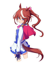  1girl absurdres animal_ears ascot blue_eyes brown_hair cowboy_shot flong gloves high_ponytail highres horse_ears horse_girl horse_tail long_hair long_sleeves multicolored_hair pink_ascot pleated_skirt ponytail shirt simple_background skirt solo tail tokai_teio_(umamusume) two-tone_hair umamusume white_background 