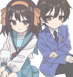  2girls androgynous black_necktie black_pants blazer blue_sailor_collar blue_skirt brown_eyes brown_hair closed_mouth crossdressing crossover fujioka_haruhi hair_ribbon hairband jacket kita_high_school_uniform long_sleeves looking_at_viewer medium_hair multiple_girls name_connection nanonome necktie ouran_high_school_host_club ouran_high_school_uniform pants purple_jacket red_ribbon reverse_trap ribbon sailor_collar school_uniform serafuku short_hair simple_background sitting skirt smile suzumiya_haruhi suzumiya_haruhi_no_yuuutsu white_background winter_uniform yellow_hairband yellow_ribbon 