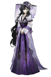  1girl alternate_costume bad_link banbi_ruqun black_hair chinese_clothes closed_mouth dress duijin_ruqun earrings flower full_body hanfu hat hat_flower highres isolde_(reverse:1999) jewelry long_hair long_sleeves looking_at_viewer muli necklace own_hands_together purple_skirt reverse:1999 see_through simple_background skirt smile solo standing very_long_hair violet_eyes white_background 