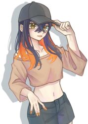  1girl :d black_hair carmine_(pokemon) colored_inner_hair cropped_shirt crossed_bangs hair_between_eyes hat hatomugi_tyatya looking_at_viewer midriff multicolored_hair navel off-shoulder_shirt off_shoulder open_mouth orange_hair orange_nails pokemon pokemon_sv shadow shirt shorts smile solo two-tone_hair yellow_eyes 