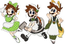  blue_eyes bow brown_hair crossdressing dress dual_persona facial_hair gloves highres luigi luigi&#039;s_mansion maid male_focus mimimi_(mimimim9999) mustache open_mouth poltergust_3000 short_hair smile super_leaf super_mario_bros. white_gloves 