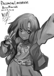  1girl absurdres arm_up character_name copyright_name cowboy_shot dated digimon digimon_card_game digimon_liberator greyscale highres jacket kinosaki_arisa medium_hair monochrome open_clothes open_jacket signature simple_background solo usagibochi v 