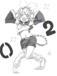  +_+ 1girl armpits bare_shoulders blush bow crop_top detached_sleeves fang flat_chest hair_bow hair_ornament hairclip hands_on_own_head highres kagamine_rin knees_together_feet_apart leg_warmers looking_at_viewer midriff monochrome navel neckerchief open_mouth sailor_collar shirt shorts sketch skin_fang sleeveless sleeveless_shirt smile sparkling_eyes swept_bangs vocaloid vorusan_(volver39) wide_sleeves 