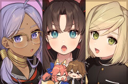  >_< 2boys 3girls :d :o ahoge animal_ear_fluff animal_ears bindi black_bow black_hair black_jacket black_sailor_collar blonde_hair blue_bow blue_eyes blue_sleeves blush_stickers bow brown_hair closed_eyes column_lineup dark-skinned_female dark_skin fate/extra fate/extra_ccc fate_(series) flying_sweatdrops fox_ears fox_girl fox_tail glasses green_eyes hair_between_eyes hair_bow hair_over_shoulder jacket jewelry karokuchitose kishinami_hakuno_(male) leonard_bistario_harway light_blush long_hair looking_at_viewer lower_teeth_only multiple_boys multiple_girls neckerchief necklace open_mouth over-rim_eyewear parted_bangs pink_hair ponytail ponytail_holder purple_hair rani_viii red_neckerchief sailor_collar school_uniform semi-rimless_eyewear serafuku shirt short_hair smile sweatdrop tail tamamo_(fate) tamamo_no_mae_(fate/extra) teeth tohsaka_rin_(fate/extra) tsukumihara_academy_uniform_(fate/extra_ccc) twintails violet_eyes white_shirt yellow-framed_eyewear 