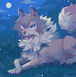  animal_focus artist_name blue_eyes chest_tuft clouds commentary_request crossed_arms dated fangs full_body grass hatomura_miri highres light_blush light_particles looking_at_viewer lycanroc lycanroc_(midday) lying moon night night_sky no_humans on_stomach outdoors pokemon pokemon_(creature) sky wolf 