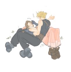  1boy 1girl aerith_gainsborough baggy_pants bare_shoulders belt black_pants blonde_hair blue_shirt blush boots brown_belt brown_footwear brown_hair closed_eyes cloud_strife couple dress final_fantasy final_fantasy_vii final_fantasy_vii_rebirth final_fantasy_vii_remake full_body grin hair_ribbon hand_in_another&#039;s_hair hetero highres long_dress long_hair mmmckayyy pants parted_bangs pink_dress pink_ribbon ribbon shirt short_hair sidelocks sleeveless sleeveless_dress sleeveless_turtleneck smile spiky_hair suspenders teeth turtleneck white_background 