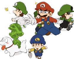  2boys aged_down baby_luigi blue_eyes blue_overalls brown_hair dr._luigi dr._luigi_(game) dr._mario_(game) facial_hair gloves gooigi green_shirt hat highres luigi mario mimimi_(mimimim9999) mr._l multiple_boys mustache overalls paper_mario polterpup shirt short_hair super_mario_bros. super_paper_mario white_gloves 