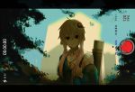  1girl backlighting blue_sky blurry blurry_background building commentary document_tube empty_eyes expressionless hair_ornament holding holding_knife holding_strap jacket knife leaf outdoors phone_screen purple_hair recording short_hair short_hair_with_long_locks sky solo symbol_commentary timestamp tree upper_body v_cho3 violet_eyes vocaloid voiceroid yuzuki_yukari 