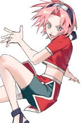  1girl absurdres aqua_eyes bandaged_hand bandages bike_shorts bike_shorts_under_skirt blue_hairband clothing_cutout crop_top flat_chest forehead_protector green_eyes grey_shorts hairband haruno_sakura highres konohagakure_symbol mandoo_mm midriff miniskirt naruto naruto_(series) open_mouth pink_hair red_shirt red_skirt shirt short_hair short_sleeves shorts side_cutout skirt smile solo 