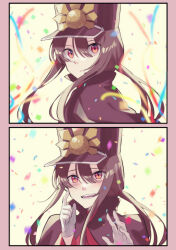  1boy :d black_border black_cape black_hair blush border brown_hair cape center-flap_bangs confetti crest family_crest fate/grand_order fate_(series) floating_hair gloves hair_between_eyes hand_on_own_cheek hand_on_own_face hand_up happy hat heart high_collar highres jacket kepi long_hair long_sleeves looking_at_viewer looking_back low_ponytail male_focus military_hat mipi multiple_views oda_nobukatsu_(fate) oda_uri open_mouth parted_lips pink_border ponytail raised_eyebrows red_eyes red_jacket sidelocks simple_background smile surprised white_background white_gloves wide-eyed 