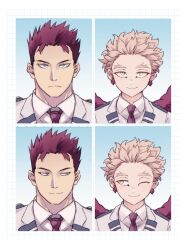  2boys aqua_eyes blonde_hair boku_no_hero_academia border closed_mouth coat collared_shirt earrings endeavor_(boku_no_hero_academia) grid_background hawks_(boku_no_hero_academia) highres jewelry light_frown looking_at_another looking_at_viewer male_focus multiple_boys multiple_views necktie pecourara portrait red_necktie red_wings redhead shirt short_hair slit_pupils smile uniform white_border white_coat white_shirt wings yellow_eyes 