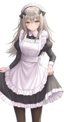  1girl alternate_costume alternate_hair_length alternate_hairstyle apron black_bow black_dress black_pantyhose bow closed_mouth dress enmaided grey_hair hair_between_eyes hair_bow highres honkai:_star_rail honkai_(series) light_blush long_hair long_sleeves looking_at_viewer maid maid_apron maid_headdress pantyhose seungju_lee simple_background solo standing stelle_(honkai:_star_rail) trailblazer_(honkai:_star_rail) white_apron white_background yellow_eyes 