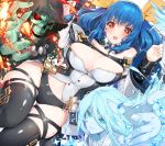  1other 2girls akizone bangs bare_shoulders black_legwear black_panties black_ribbon blue_hair breasts cloak collarbone commentary_request dizzy fire grey_eyes guilty_gear highres hood hood_up large_breasts long_hair long_sleeves looking_at_viewer lying multiple_girls navel on_back panties red_eyes ribbon skull smile teeth thigh-highs twintails underwear water white_hair white_skin yellow_ribbon 