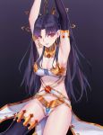  1girl absurdres anklet armlet armpits arms_up asymmetrical_legwear asymmetrical_sleeves black_background black_hair blush breasts bridal_gauntlets crown detached_collar detached_sleeves earrings elbow_gloves fate/grand_order fate_(series) gloves highres hoop_earrings ishtar_(fate/grand_order) jewelry long_hair looking_at_viewer navel red_eyes simple_background single_detached_sleeve single_elbow_glove single_sleeve single_thighhigh sitting small_breasts solo thigh-highs tiara two_side_up 