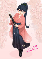  1girl black_eyes black_footwear black_hair black_hakama dated full_body graduation hakama hashtag-only_commentary houshou_(kancolle) japanese_clothes kantai_collection kimono moke_ro pink_kimono ponytail solo standing tube twitter_username 