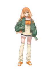  1girl :3 ahoge brown_leg_warmers camisole choker closed_mouth collarbone full_body green_eyes green_jacket hair_between_eyes hand_in_jacket highres jacket kippu leg_warmers lilja_to_natsuka_no_junpaku_na_uso long_hair long_hair_between_eyes long_sleeves looking_at_viewer official_art open_clothes open_jacket orange_camisole orange_footwear orange_hair sasanami_mahiru shorts simple_background single_off_shoulder solo spaghetti_strap tachi-e transparent_background two-tone_camisole white_choker white_shorts 