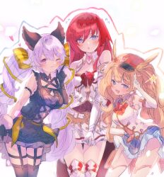  3girls black_gloves double-parted_bangs gloves godsworn_alexiel granblue_fantasy hair_between_eyes highres looking_at_viewer misiaaa19 monika_weisswind_(valentine)_(granblue_fantasy) multiple_girls one_eye_closed post_guild_war_celebration redhead satyr_(granblue_fantasy) skirt white_gloves 