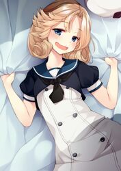  1girl bangs bed_sheet black_neckwear blonde_hair blue_eyes blue_sailor_collar blush buttons dress eyebrows_visible_through_hair fang half-closed_eyes hat hat_removed headwear_removed highres janus_(kantai_collection) kantai_collection lying mofu_namako on_back open_mouth sailor_collar sailor_dress sheet_grab short_hair short_sleeves skin_fang solo wavy_mouth white_dress white_headwear 