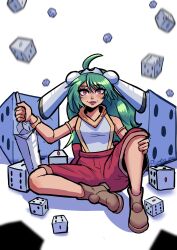  1girl absurdres ahoge artist_name brown_footwear dice dicing_knight green_hair highres holding holding_sword holding_weapon lips long_hair looking_at_viewer piumike red_eyes red_shorts shirt shorts sitting sketch sleeveless sleeveless_shirt solo swept_bangs sword weapon white_shirt 