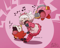  ahoge chibi closed_eyes colored_skin crocodile crocodilian cropped_jacket crossover dress elphelt_valentine fuecoco full_body guilty_gear guilty_gear_strive jacket kirby kirby_(series) musical_note open_mouth pink_jacket pink_skin pokemon pokemon_(creature) red_skin screaming short_hair trait_connection twitter_username white_dress yotastar 