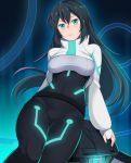  1girl aqua_eyes bangs black_hair blue_background blush bodysuit breasts covered_navel frown glowing gundam_build_divers_re:rise hair_between_eyes honda_naoki jacket lips long_hair may_(gundam_build_divers_re:rise) medium_breasts shiny shiny_hair solo very_long_hair white_jacket wodom_pod 