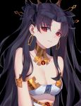 1girl absurdres armlet asymmetrical_sleeves black_background black_hair blush breasts bridal_gauntlets crown detached_collar detached_sleeves earrings elbow_gloves fate/grand_order fate_(series) gloves highres hoop_earrings ishtar_(fate/grand_order) jewelry long_hair looking_at_viewer red_eyes simple_background single_detached_sleeve single_elbow_glove single_sleeve small_breasts solo thigh-highs tiara two_side_up upper_body 