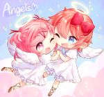  :d ;d angel angel_wings bangs blue_eyes blue_neckwear bow bowtie chibi commentary doki_doki_literature_club dress eyebrows_visible_through_hair eyes_visible_through_hair fang hair_bow halo holding_hands interlocked_fingers nan_(gokurou) natsuki_(doki_doki_literature_club) one_eye_closed open_mouth pink_eyes pink_hair red_bow sayori_(doki_doki_literature_club) short_hair short_sleeves smile sparkle twitter_username two_side_up white_dress wings 