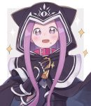  +_+ 1girl animal_hood black_gloves blush cape cat_hood commentary_request fate/grand_order fate_(series) food food_on_face gloves happy hood hooded_cape long_hair medusa_(lancer)_(fate) open_mouth purple_hair solo sparkle totatokeke two-tone_background upper_body vambraces violet_eyes 