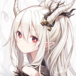  1girl arknights bare_shoulders black_shirt blonde_hair bright_pupils chinese_commentary closed_mouth clothing_cutout commentary_request dot_nose dragon_horns expressionless eyes_visible_through_hair hair_between_eyes hair_ornament high_ponytail horns light_blush light_frown long_hair looking_at_viewer orange_gemstone pointy_ears quan_(kurisu_tina) red_eyes shining_(arknights) shirt shoulder_cutout signature solo turtleneck turtleneck_shirt upper_body very_long_hair white_background white_horns white_pupils zoom_layer 