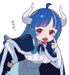  1girl ahoge black_ribbon blue_hair blue_skirt blush cape collared_shirt commentary_request fur-trimmed_cape fur_trim hand_on_own_hip highres horns leaning_forward long_hair long_sleeves looking_at_viewer neck_ribbon one_piece open_mouth ribbon sharp_teeth shin_yama3 shirt sidelocks simple_background skirt solo teeth tongue tongue_out ulti_(one_piece) upper_body white_shirt 