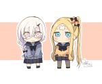  2girls abigail_williams_(fate/grand_order) bangs bespectacled black_bow black_footwear black_legwear black_sailor_collar black_skirt blonde_hair blue_eyes blue_sweater blush_stickers bow braid brown_background chibi closed_mouth crossed_bandaids eyebrows_visible_through_hair fate/grand_order fate_(series) glasses grey_hair grey_legwear hair_between_eyes hair_bow high_ponytail highres horn lavinia_whateley_(fate/grand_order) long_sleeves looking_at_viewer multiple_girls orange_bow orange_sweater outline pantyhose parted_bangs pleated_skirt sailor_collar side_ponytail sidelocks signature skirt sleeves_past_wrists socks sofra standing sweater two-tone_background white_background white_outline 
