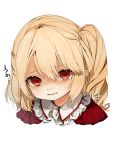  1girl artist_name bangs blonde_hair clenched_teeth commentary eyebrows_visible_through_hair flandre_scarlet frilled_shirt_collar frills gotoh510 hair_between_eyes highres long_hair looking_at_viewer no_hat no_headwear one_side_up pointy_ears portrait red_eyes signature simple_background solo sweat teeth touhou translated white_background 