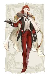  1boy belt black_gloves coat coat_on_shoulders formal full_moon fur-trimmed_coat fur_trim gloves granblue_fantasy highres jacket long_hair male_focus moon percival_(granblue_fantasy) red_eyes redhead smile solo standing standing_on_one_leg suit_jacket tomo_(tomorag7) 