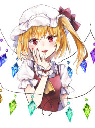  1girl absurdres ascot blonde_hair commentary_request cropped_torso crystal_wings flandre_scarlet hand_up hat highres mob_cap open_mouth puffy_short_sleeves puffy_sleeves red_nails short_sleeves side_ponytail simple_background solo touhou white_background white_hat yellow_ascot yurara_(aroma42enola) 